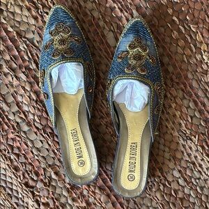 Embroidered Blue and Gold Women's Mules